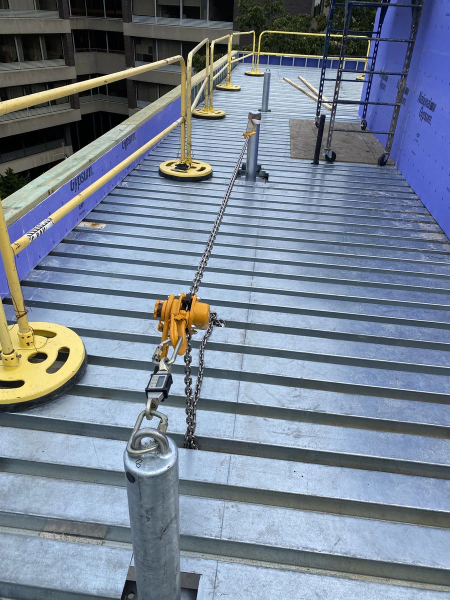 Load test equipment connected to a rooftop anchor