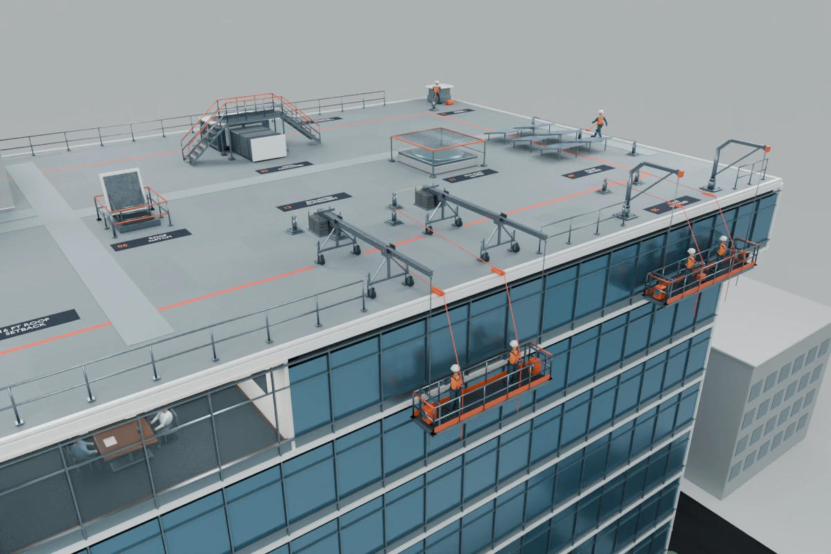 Illustrative 3D layout showing the paired outriggers, tiebacks and separate worker safety lines.