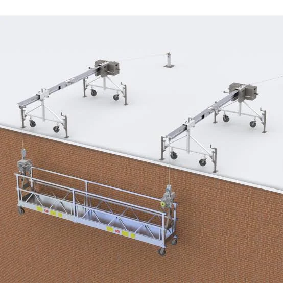 Supplied layout illustration of paired outriggers supporting a suspended stage.