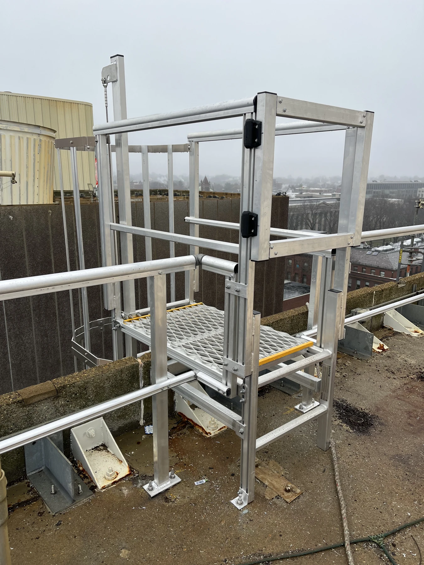 Installed fixed ladder with a guarded upper landing.