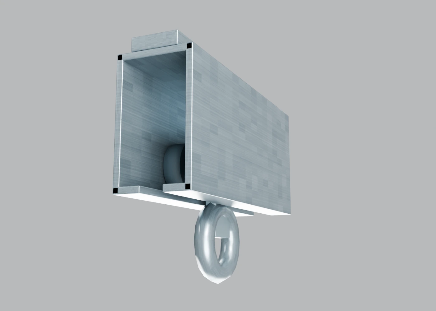 Illustrative cutaway of the modeled enclosed track, internal trolley wheels and lower attachment eye.