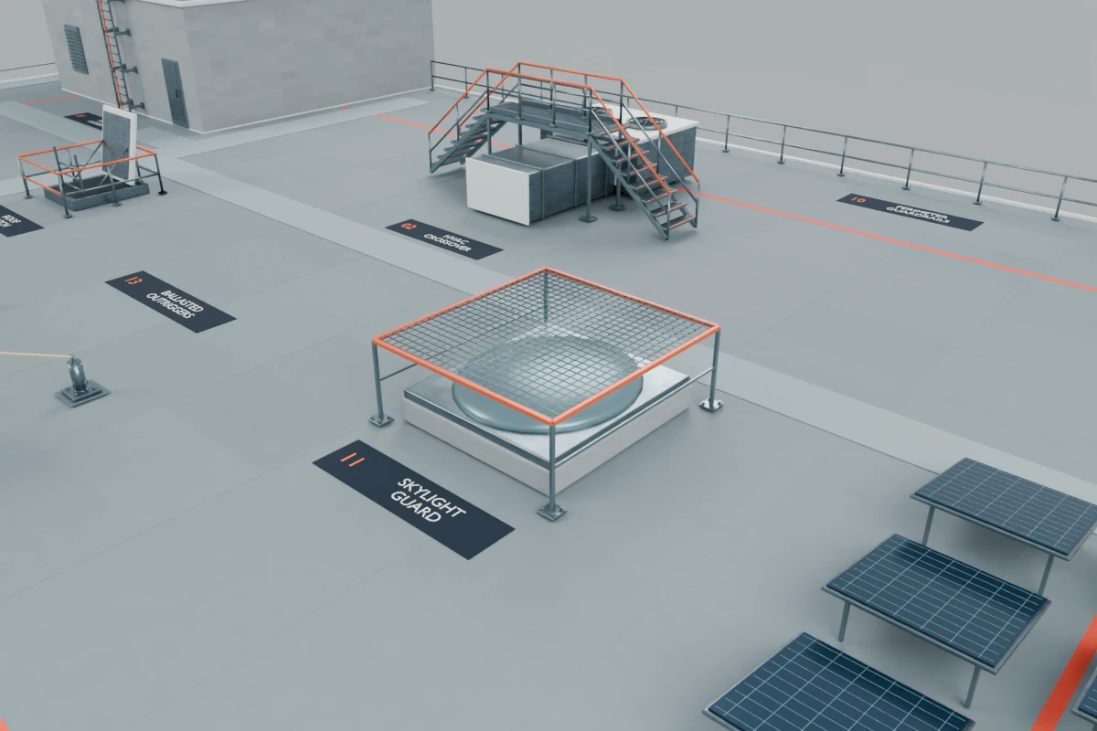Illustrative 3D detail of the skylight and raised protective mesh.