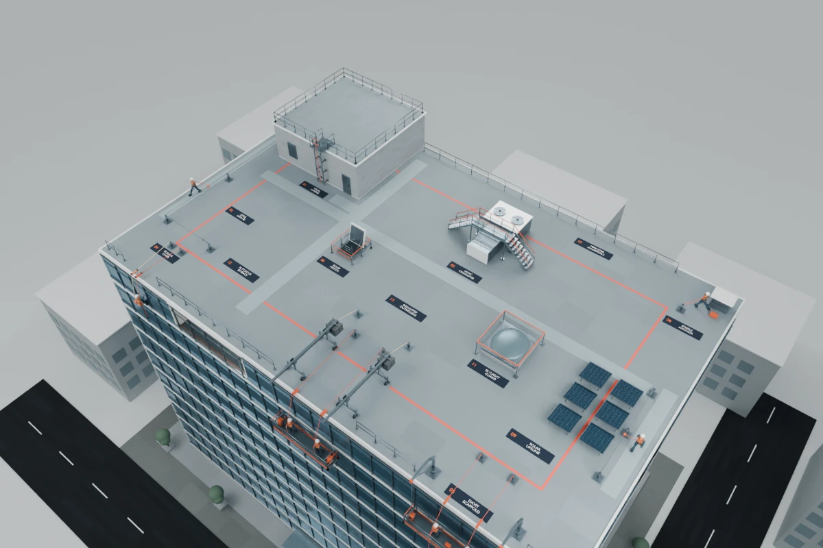 Illustrative 3D roof layout with the brighter coral-red marking set 16 feet back from the edges.