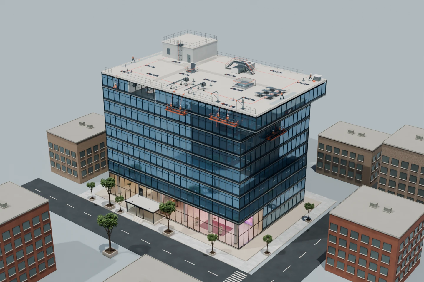 American Anchor building with rooftop access and fall protection systems