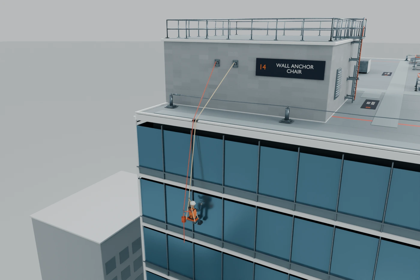 Interactive design study: a chair-access position below the penthouse wall anchors.